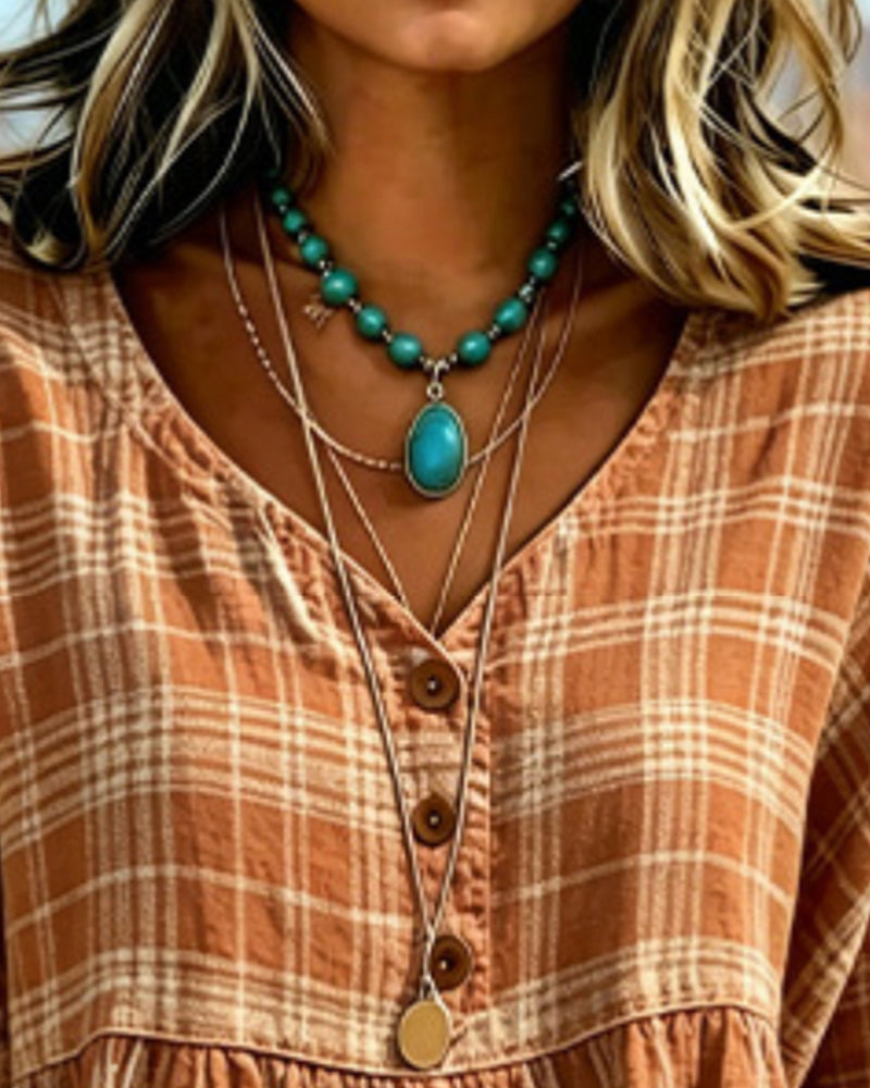 BLUSA VINTAGE CUADROS CUELLO DE V