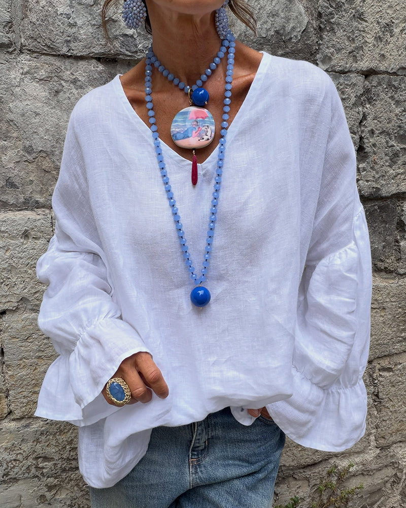 BLUSA CUELLO DE V VOLANTE CASUAL LISA