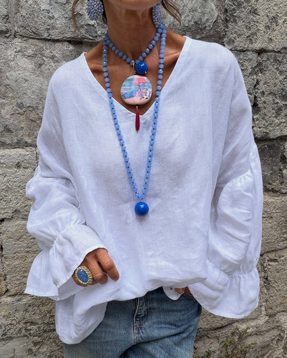 BLUSA CUELLO DE V VOLANTE CASUAL LISA