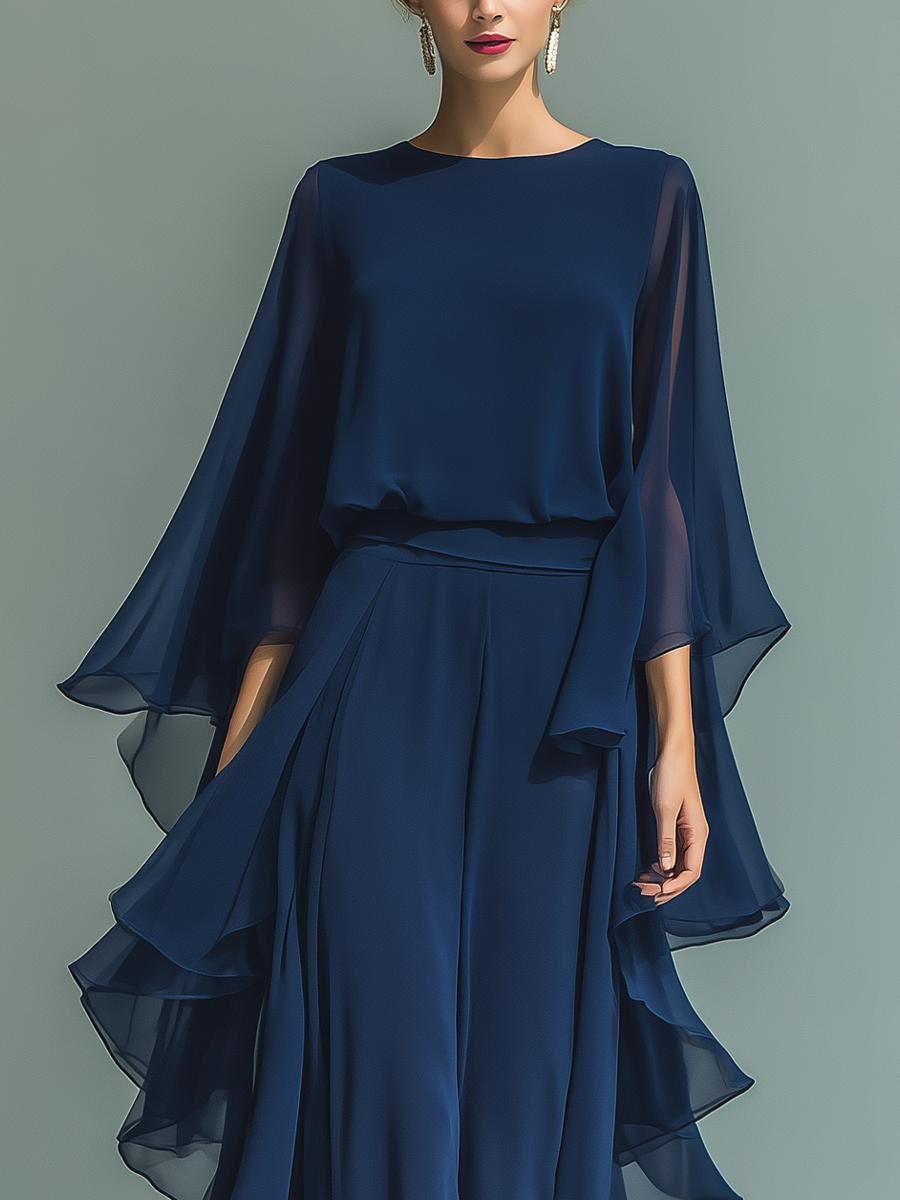 CLARISSE | CONJUNTO DE GASA AZUL MARINO CON MANGAS ACAMPANADAS Y PANTALÓN CON VOLANTES