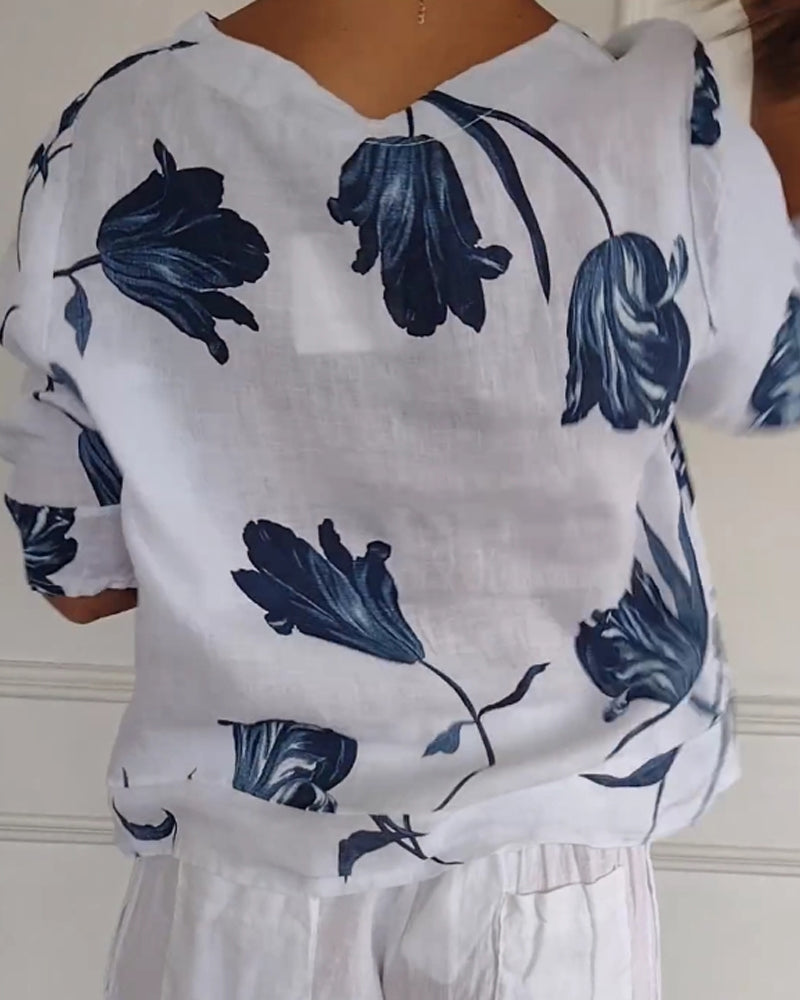 TOP ABOTONADO DE ALGODÓN Y LINO ESTAMPADO FLORAL