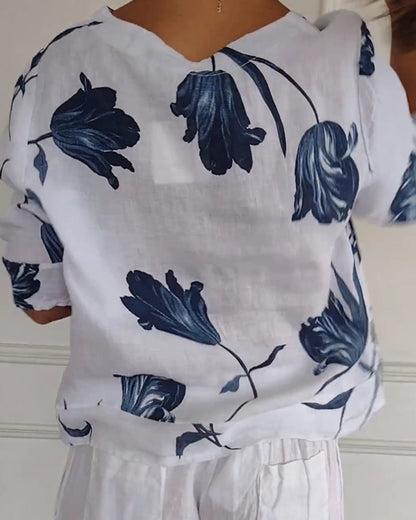 TOP ABOTONADO DE ALGODÓN Y LINO ESTAMPADO FLORAL