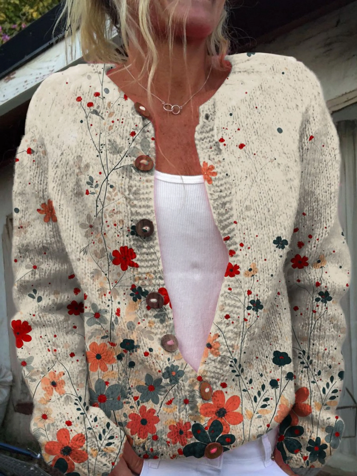 CÁRDIGAN ABOTONADO CON ESTAMPADO ARTÍSTICO DE FLORES VINTAGE