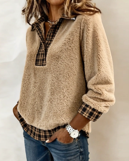 TOP CUELLO CON CUADROS PATCHWORK COLOR LISO