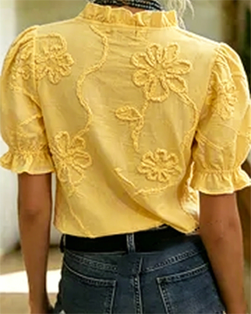 BLUSA CUELLO DE V BORDE CON VOLANTES MANGA ABULLONADA