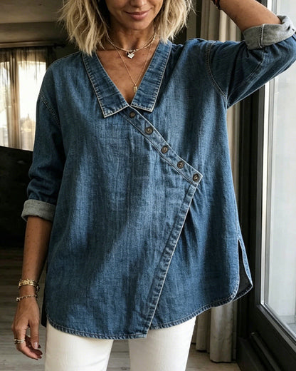 BLUSA LISA BOTÓN DIAGONAL CUELLO MANGA LARGA