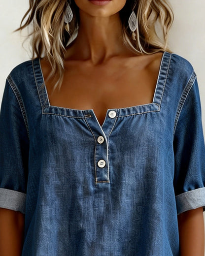 CAMISA ESCOTE CUADRADO DENIM MEDIO-MANGA