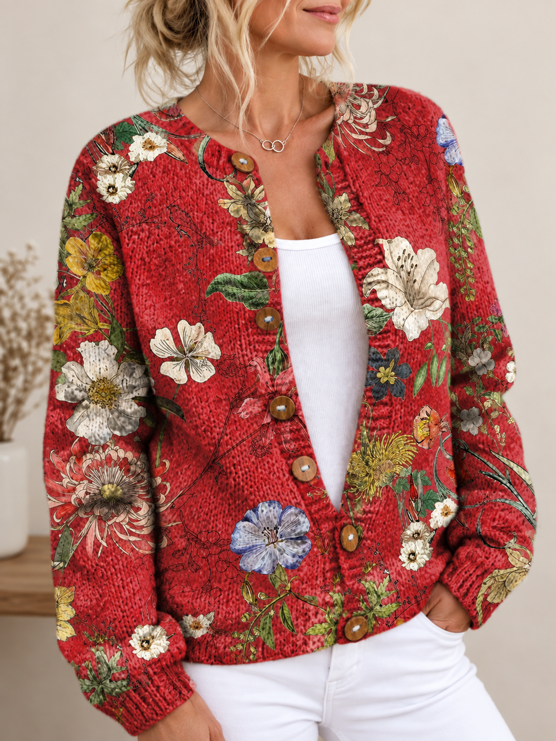 CÁRDIGAN ABOTONADO CON ESTAMPADO ARTÍSTICO FLORAL VINTAGE
