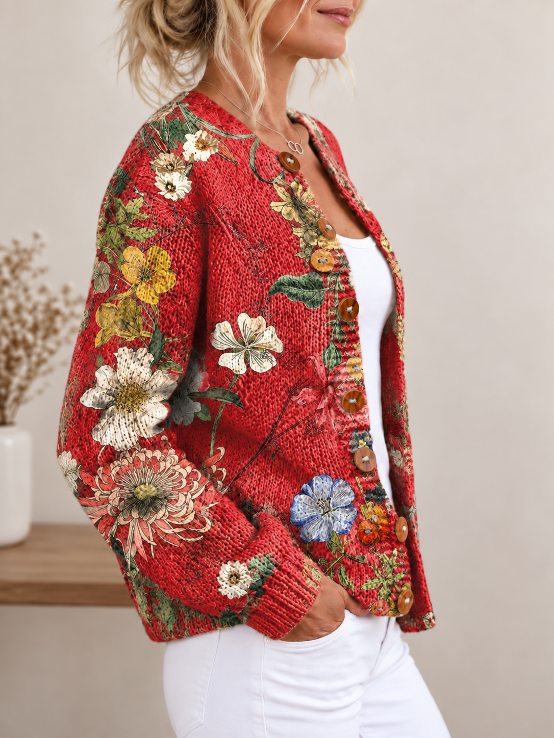 CÁRDIGAN ABOTONADO CON ESTAMPADO ARTÍSTICO FLORAL VINTAGE