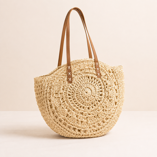 LUIGIA | BOLSO REDONDO DE PAJA TRENZADA CON DISEÑO — BEIGE NATURAL