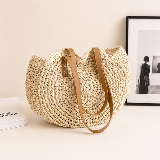 LISA | BOLSO REDONDO DE PAJA TRENZADA - BEIGE