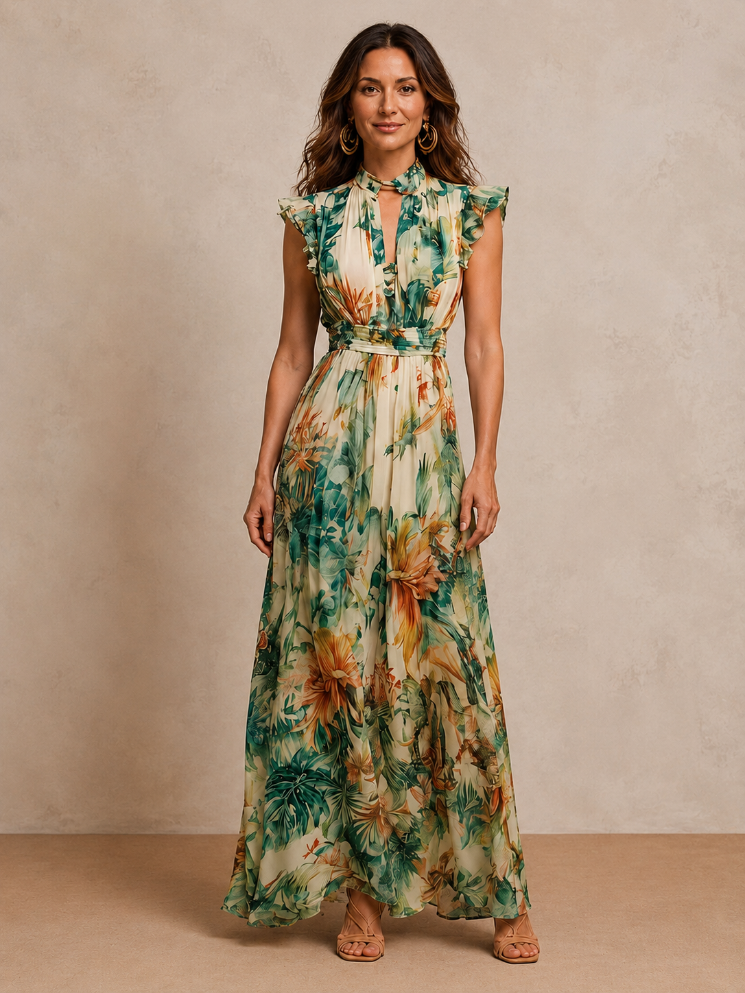 GRACE | VESTIDO LARGO DE CHIFÓN CON ESTAMPADO TROPICAL
