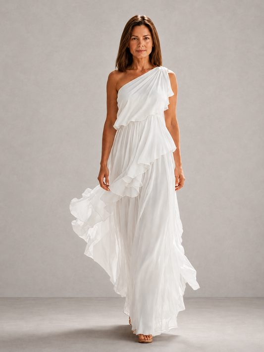 SCARLETT | VESTIDO LARGO DE UN HOMBRO CON VOLANTES