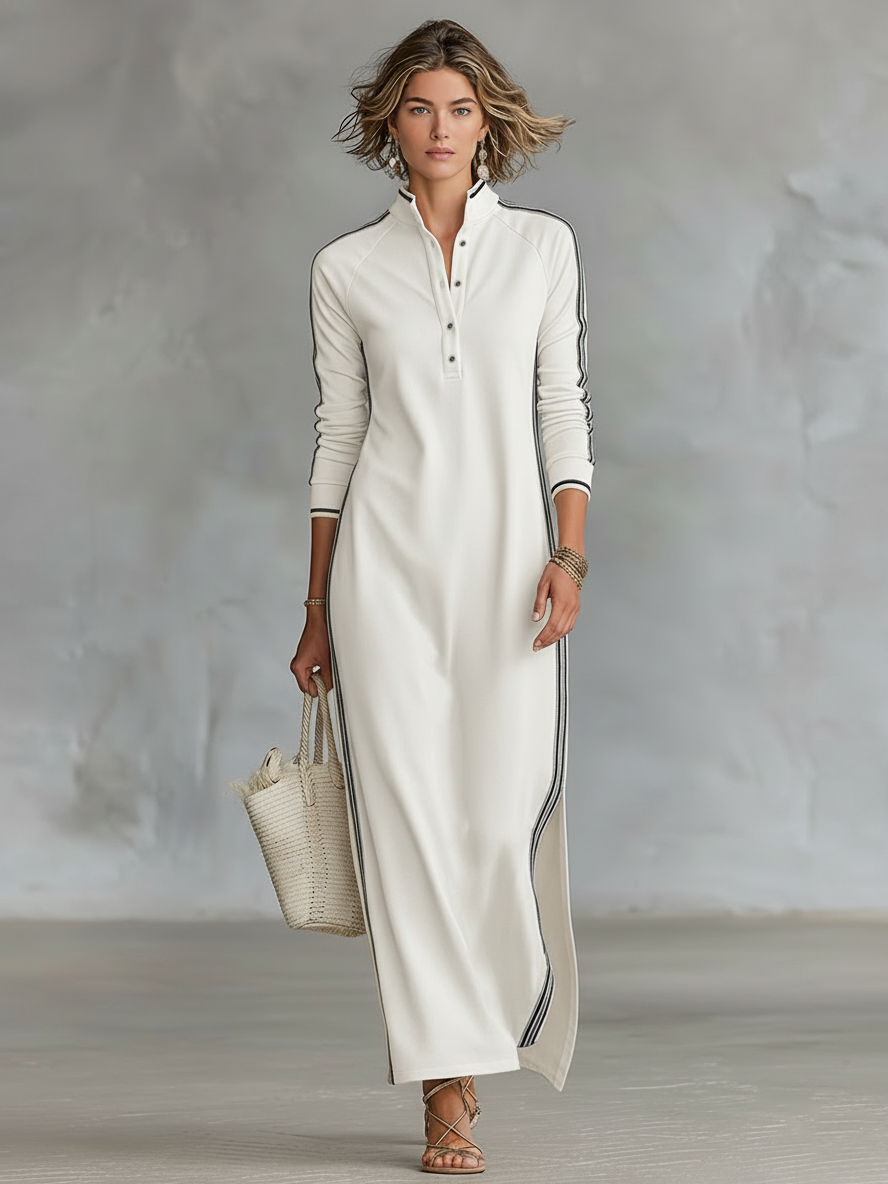 LAURE | VESTIDO LARGO DE FELPA CON CUELLO ABOTONADO Y BAJO BLANCO