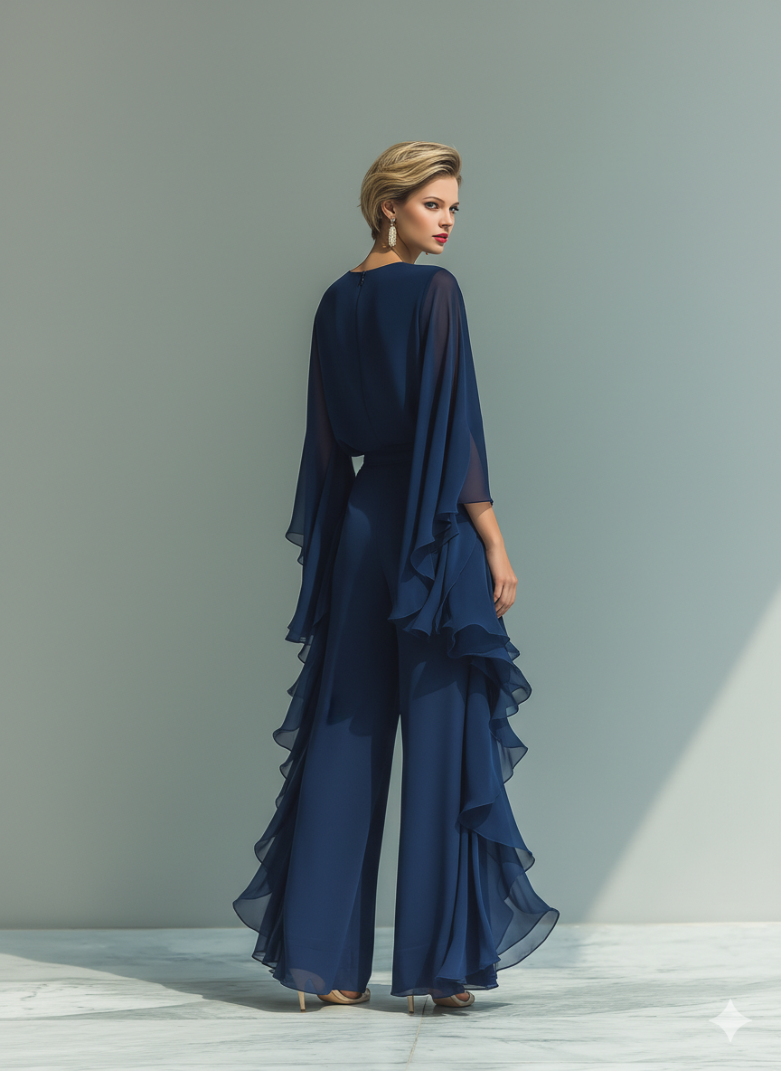 CLARISSE | CONJUNTO DE GASA AZUL MARINO CON MANGAS ACAMPANADAS Y PANTALÓN CON VOLANTES