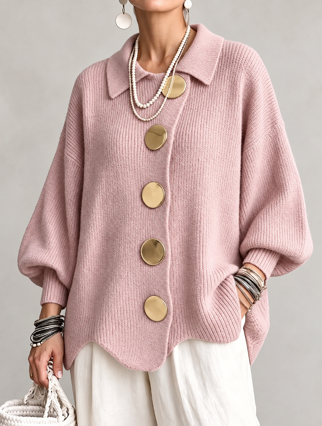 ISADORA | CÁRDIGAN OVERSIZE CON CUELLO Y GRANDES BOTONES METÁLICOS