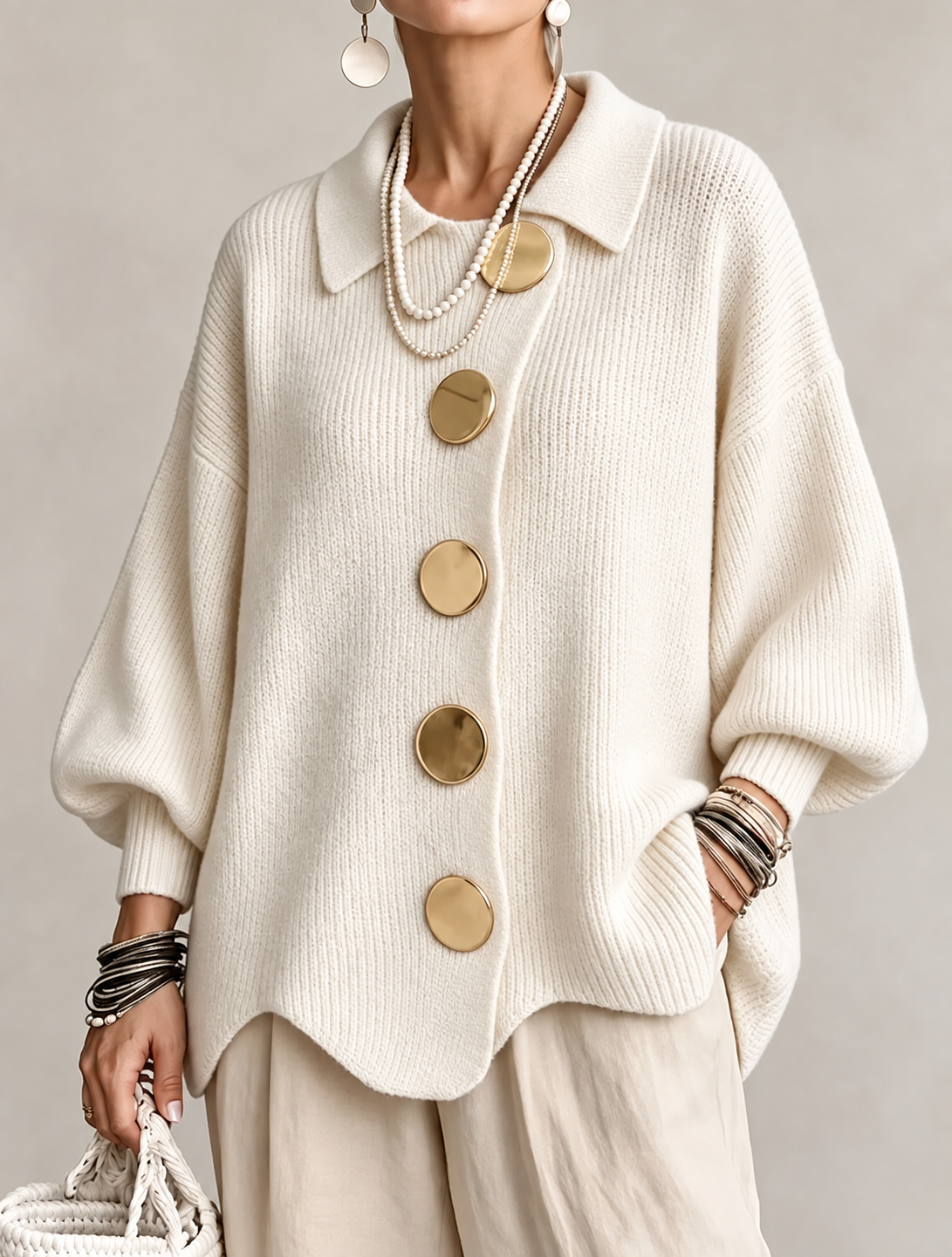 ISADORA | CÁRDIGAN OVERSIZE CON CUELLO Y GRANDES BOTONES METÁLICOS
