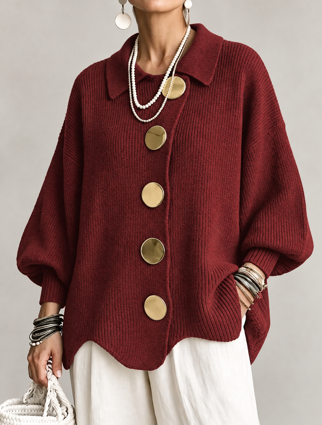 ISADORA | CÁRDIGAN OVERSIZE CON CUELLO Y GRANDES BOTONES METÁLICOS