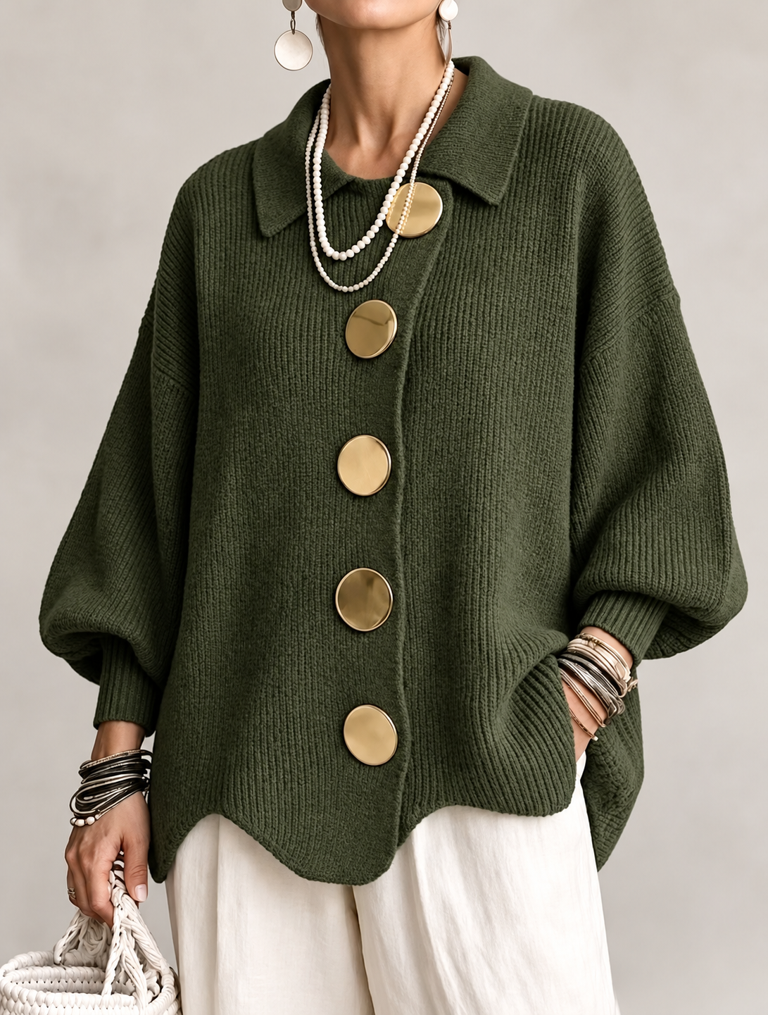 ISADORA | CÁRDIGAN OVERSIZE CON CUELLO Y GRANDES BOTONES METÁLICOS