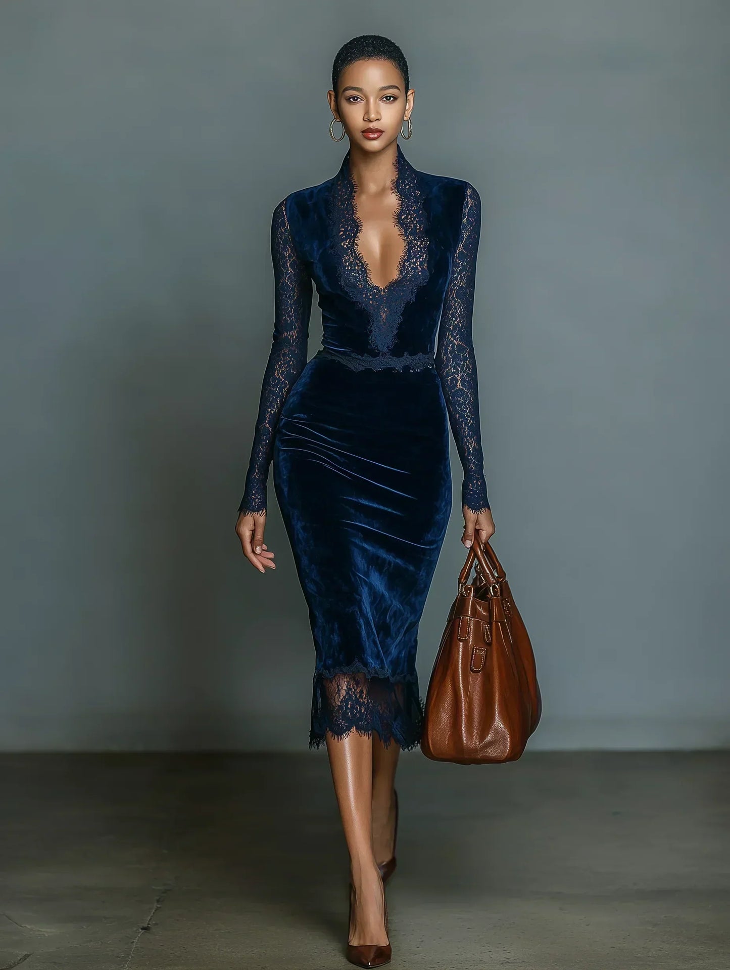 ADELINE | VESTIDO MIDI DE TERCIOPELO CON CUELLO EN V Y ENCAJE