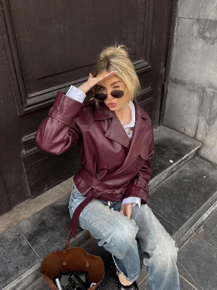 ANABELLA | CHAQUETA RECTA DE CUERO CON CINTURÓN
