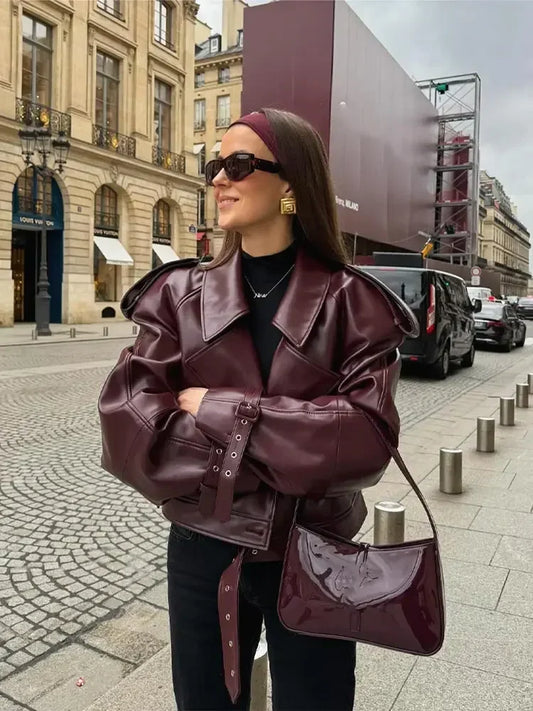 ANABELLA | CHAQUETA RECTA DE CUERO CON CINTURÓN