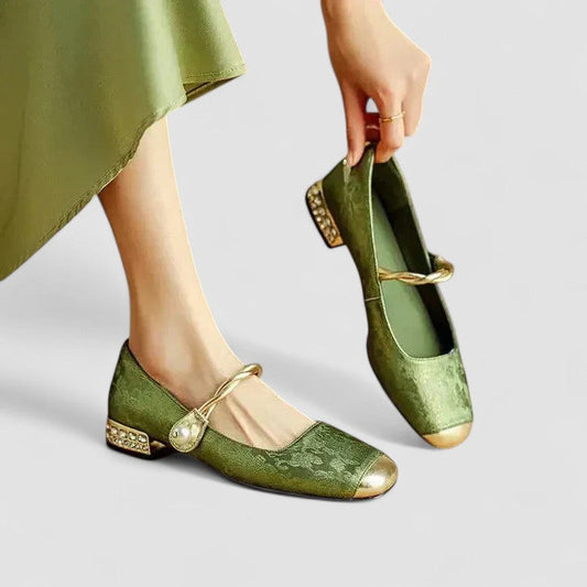 CAMILLE | ZAPATOS MERCEDITAS SATINADOS CON TACÓN JOYA
