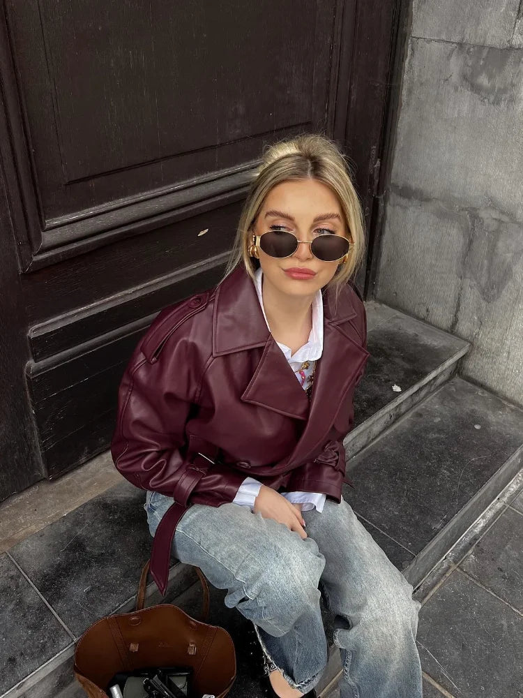 ANABELLA | CHAQUETA RECTA DE CUERO CON CINTURÓN