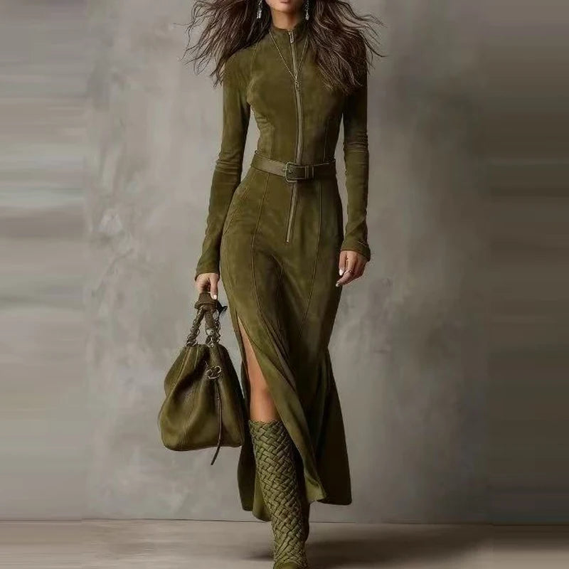 MALENA | VESTIDO LARGO EFECTO ANTE CON CINTURÓN