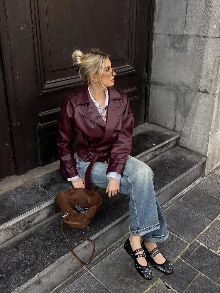 ANABELLA | CHAQUETA RECTA DE CUERO CON CINTURÓN
