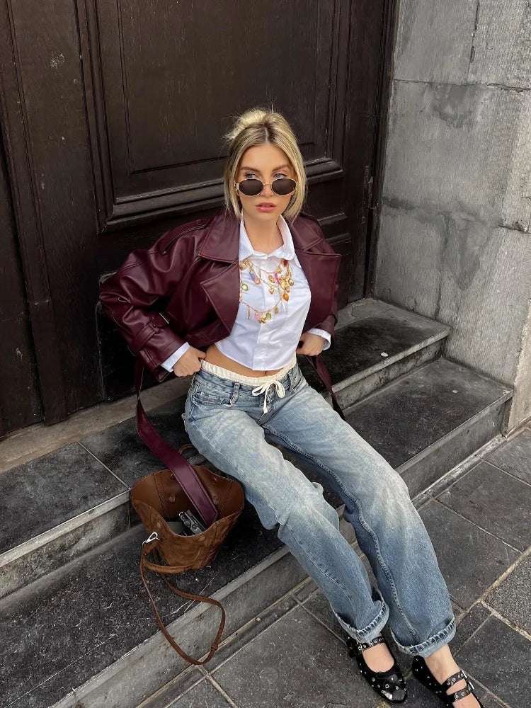 ANABELLA | CHAQUETA RECTA DE CUERO CON CINTURÓN
