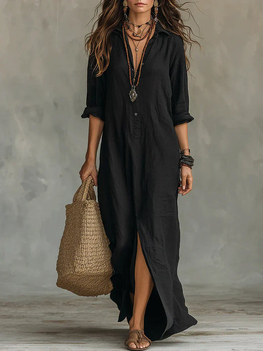 Céline™ | Vestido maxi negro holgado con botones