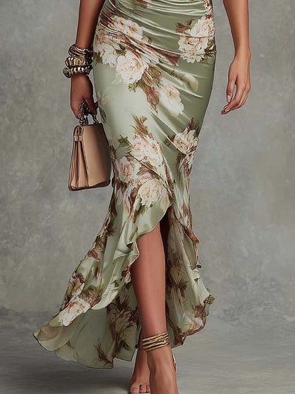 CLEMENCIA | VESTIDO LARGO DE SATÉN CON ESTAMPADO FLORAL