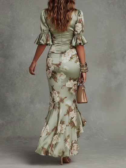 CLEMENCIA | VESTIDO LARGO DE SATÉN CON ESTAMPADO FLORAL