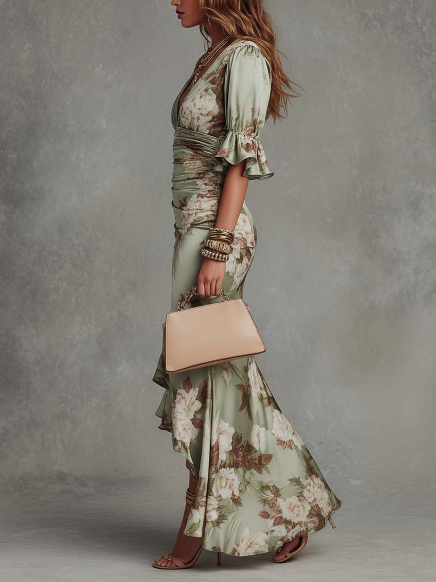 Clemence | Vestido largo de satén con estampado floral