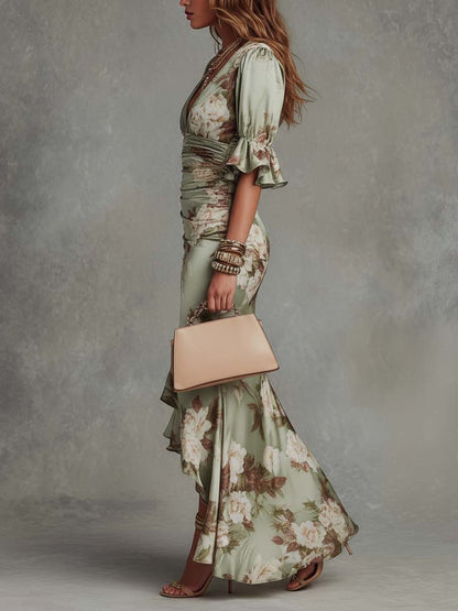 CLEMENCIA | VESTIDO LARGO DE SATÉN CON ESTAMPADO FLORAL