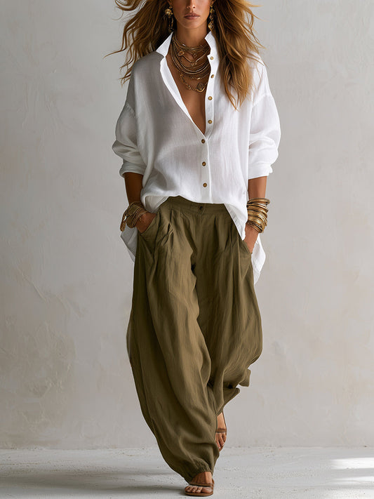 CAPUCINE | CAMISA BLANCA HOLGADA Y PANTALÓN BOMBACHO VERDE OLIVA
