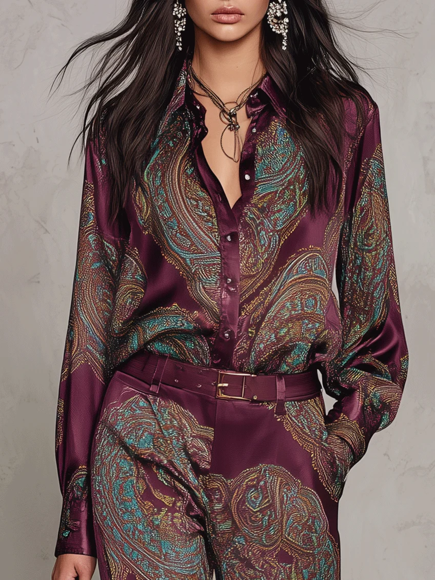 CONJUNTO DE CAMISA DE MANGA LARGA DE SATÉN CON ESTAMPADO PAISLEY EN BURDEOS Y MORADO Y PANTALÓN DE PIERNA ANCHA
