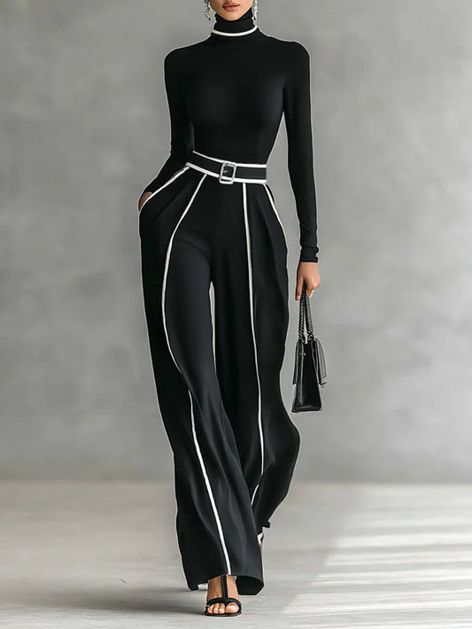 ADÈLE | CONJUNTO DE CUELLO ALTO CON RIBETES BLANCOS Y PANTALÓN ANCHO