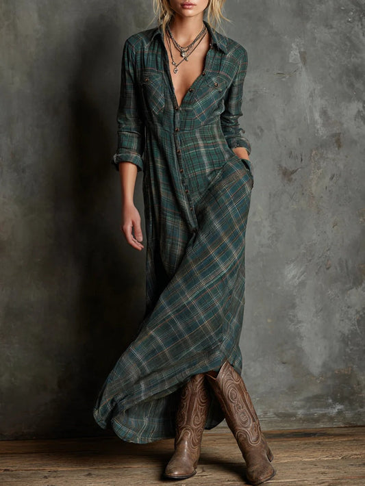 MARGAUX | VESTIDO CAMISERO LARGO DE CUADROS VICHY VERDES