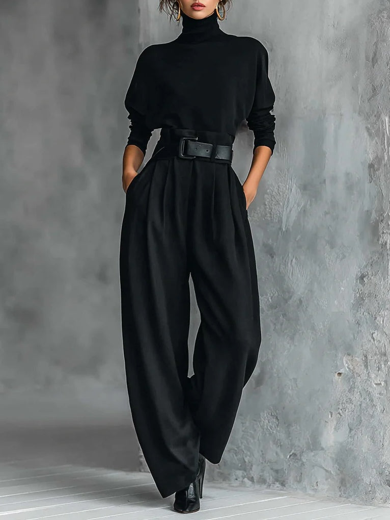 NOËLLA | CONJUNTO NEGRO DE TOP DE CUELLO ALTO Y PANTALÓN RECTO