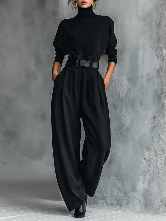 NOËLLA | CONJUNTO NEGRO DE TOP DE CUELLO ALTO Y PANTALÓN RECTO
