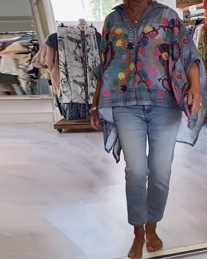 BLUSA ESTAMPADO ASIMÉTRICO FALSO DENIM
