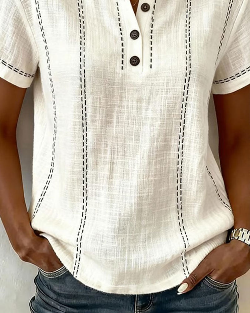 CAMISETA MODERNO CASUAL BOTÓN CUELLO DE V