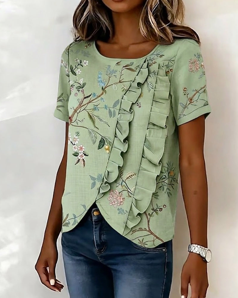 BLUSA CUELLO REDONDO MANGA CORTA CON VOLANTES FLORAL