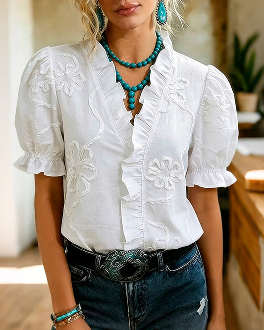 BLUSA CUELLO DE V BORDE CON VOLANTES MANGA ABULLONADA