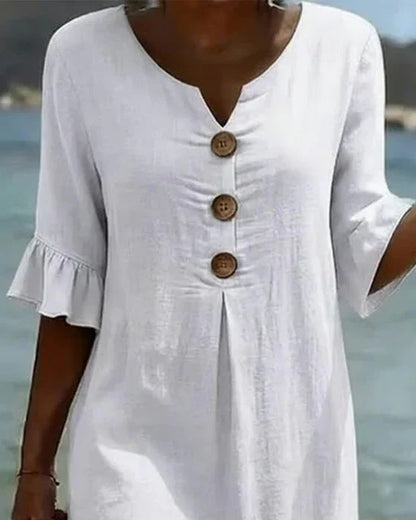 MONICA | VESTIDO ABOTONADO EFECTO LINO CON MANGAS ABULLONADAS
