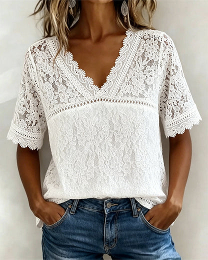 BLUSA LISO MANGA CORTA DE ENCAJE