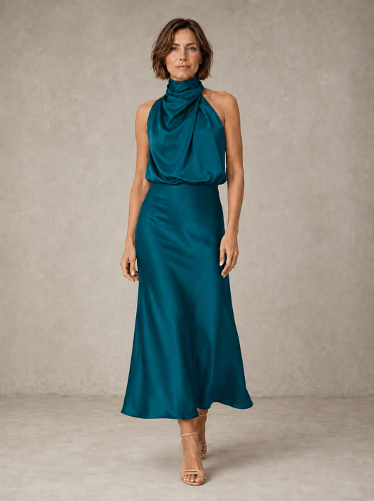 HARPER | VESTIDO DE NOCHE DE SATÉN CON CUELLO HALTER