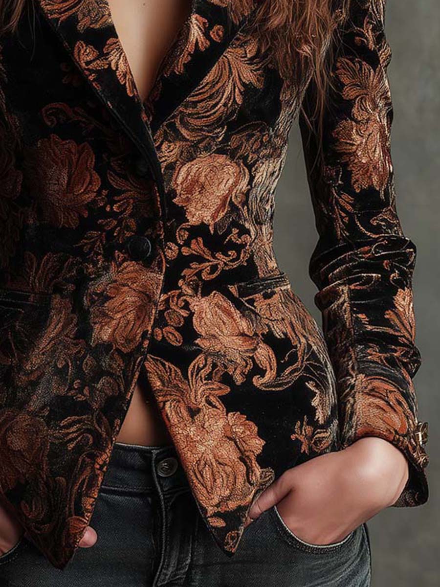 BERTILLE | BLAZER DE SASTRERÍA CON ESTAMPADO FLORAL NEGRO Y BRONCE